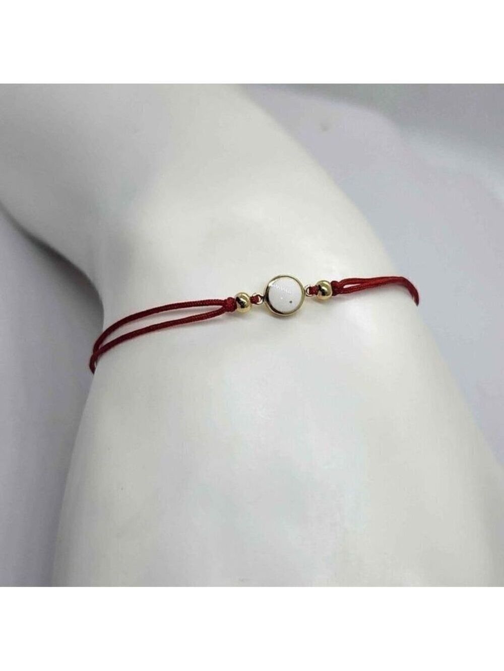 925 Sterling Silver White Round Charm Bracelet with Red Adjustable String